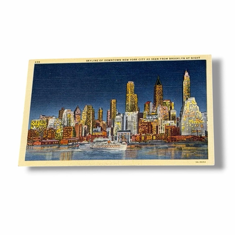 Postcard New York City Skyline From Brooklyn Night View Linen Card A552